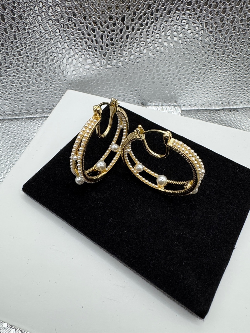 Gold Double-Hoop Earrings with Pearl Accents
